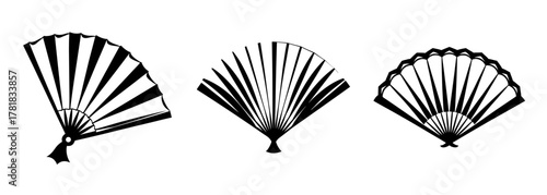 Three diverse traditional folding paper fans with black and white stripes art