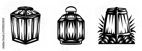 Three distinct paper lantern designs displayed in a row representing a variety of traditional lighting elements.