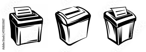 Three stylized images of paper shredders ready to destroy documents and information confidentiality