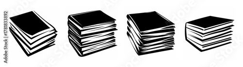 Collection of four stylized stacks of books representing knowledge learning and study resources