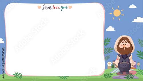 Cartoon Jesus Illustration with blank space Jesus Christ rides a donkey into Jerusalem Christianity and Catholicism