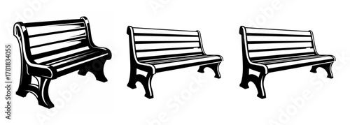 Three vintage style outdoor park benches with ornate cast iron legs and wooden slats for seating