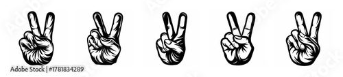 Collection of five sketchy black and white peace hand signs displayed in a row symbolizing victory and harmony