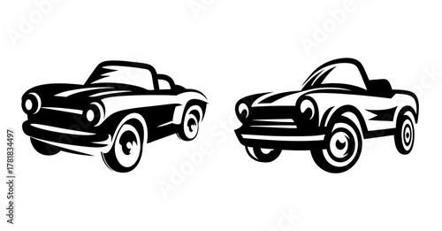 Two retro convertible sports cars with open tops in black and white artistic style