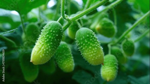 Fototapeta Naklejka Na Ścianę i Meble -  Close-up of a group of green cucumber fruits hanging from a vine. the cucumbers are round and have a bumpy texture, with small bumps on their surface.