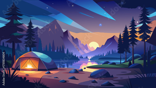Very beautiful serene camping scene at dusk with a glowing tent beside a tranquil lake, starry sky above, and misty mountains in the background creating a peaceful realistic outdoor atmosphere.