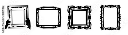 Four ornate and decorative picture frames in a row displaying empty blank spaces ready for art