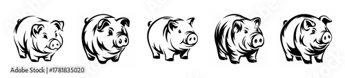 Five stylized piggy bank drawings showing savings concept symbolizing financial growth and investment