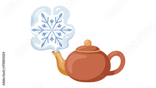 Hot Tea Winter: A whimsical illustration of a teapot emitting a steam of snowflake. The teapot represents the perfect warmness on a cold winter day.