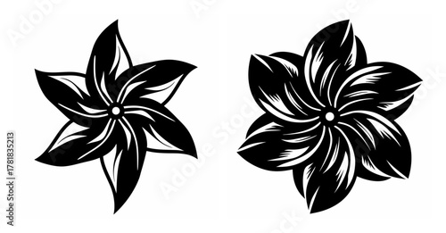 Two distinct black and white floral designs with swirling petal patterns and central points