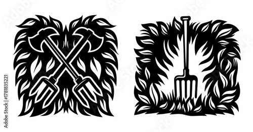 Vintage agricultural icons pitchforks and axes amidst foliage and flames symbolizing farm heritage
