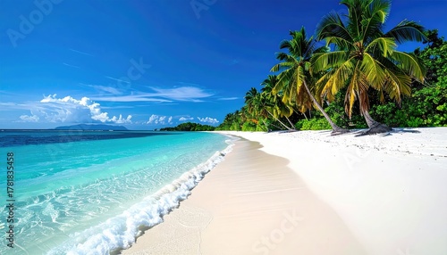 Fototapeta Naklejka Na Ścianę i Meble -  Turquoise Ocean Waves Gently Wash Ashore on a Pristine White Sand Beach Lined with Lush Green Palm Trees Under a Clear Blue Sky on a Sunny Day