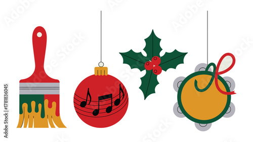Holiday Decor and Artistic Expression: Festive ornaments, including a paintbrush and a musical ball, with an holly embellish the holiday spirit.