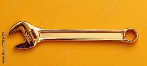 Golden wrench on yellow background, a symbol of repair and maintenance.