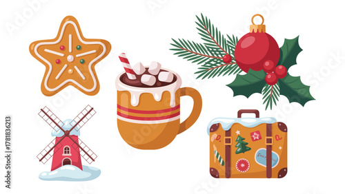 Festive Holiday Assemblage: A collection of delightful holiday elements, including a gingerbread star, a mug of cocoa, a decorated luggage, a Christmas ornament, and a windmill.