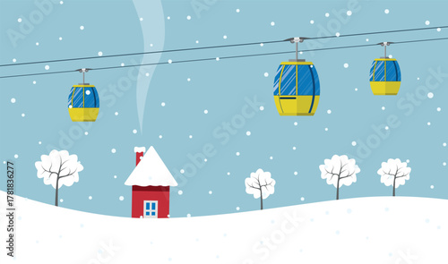 Ski resort with cable cars moving over snow landscape