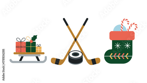 Festive Sports Elements: An artistic composition that intertwines the festive spirit with the thrill of winter sports. The arrangement presents a sleigh of gifts, hockey equipment.