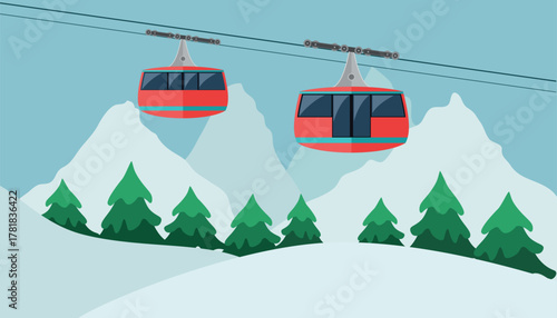 Gondola ski lift moving over snowy mountains resort