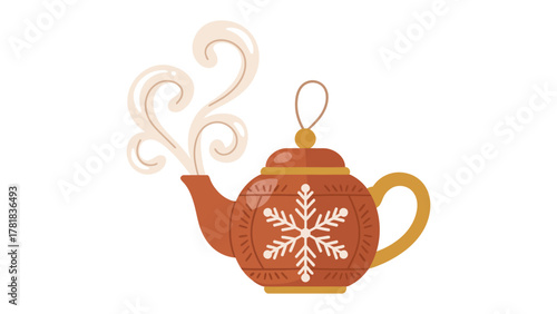 Warm Teapot with snowflake: A cozy teapot design, steam rising. Featuring a delightful snowflake, evoking warmth and comfort.