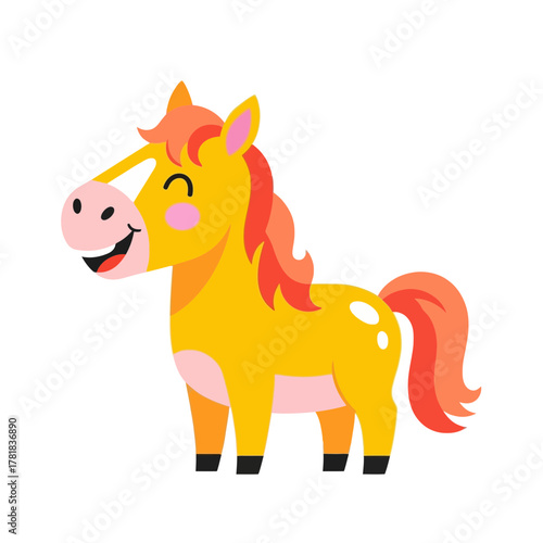 Charming animated yellow pony with a cheerful expression, a lovable and friendly horse character perfect for children's media, educational resources, and whimsical designs promoting happiness and fun