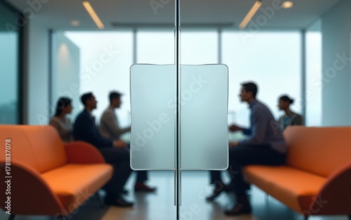 A glass conference room door features a frosted empty sign, with blurred silhouettes engaging within and orange seating accents decorating the background. High quality