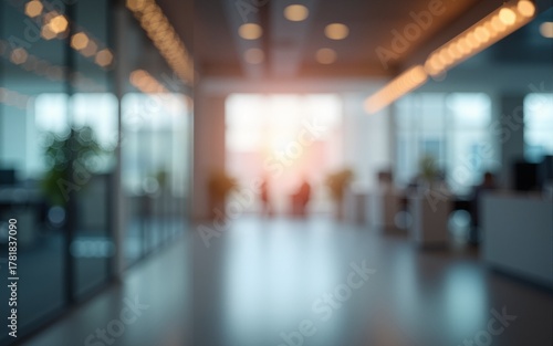Architectural Brilliance: Blurred Office Space Background with Bokeh Lights, Offering a Contemporary Touch to Business Designs - Blurred Empty Open Space Office - Abstract Light Background