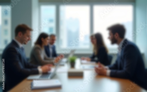 Blurred background of a modern office interior with blurred business people working in a team at a table. High quality