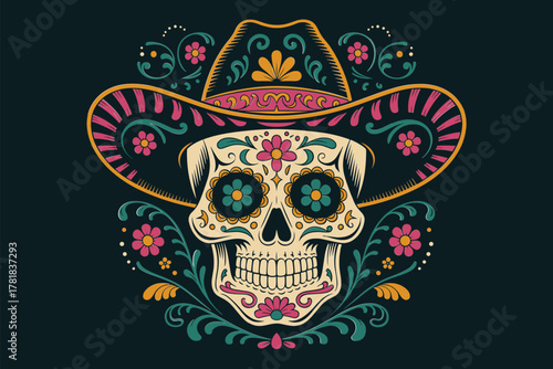 Day of the Dead Calavera Sugar Skull with Sombrero Hat and Intricate Floral Ornaments Vector
