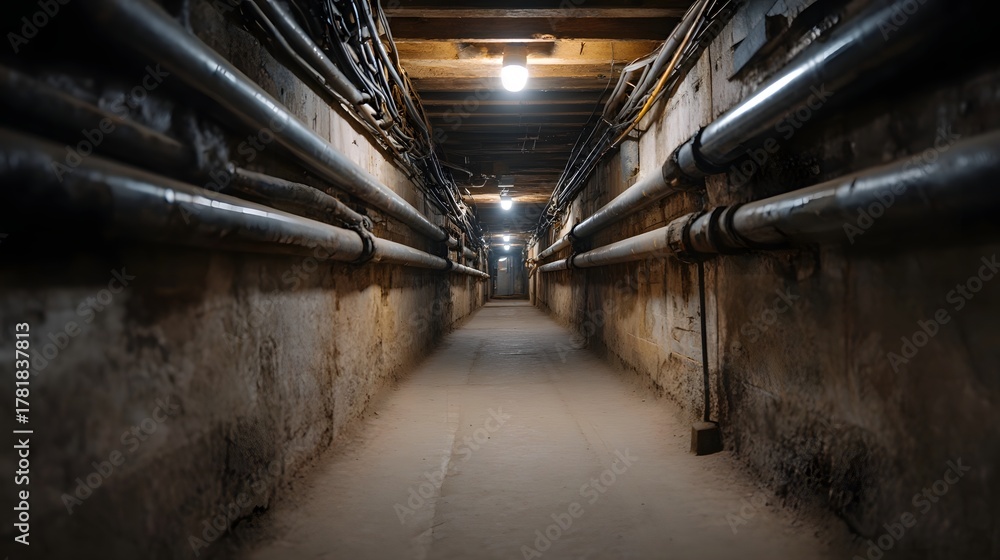 Fototapeta premium Dimly lit underground tunnel passage with numerous pipes and electrical cables running along the rough concrete walls and wooden ceiling