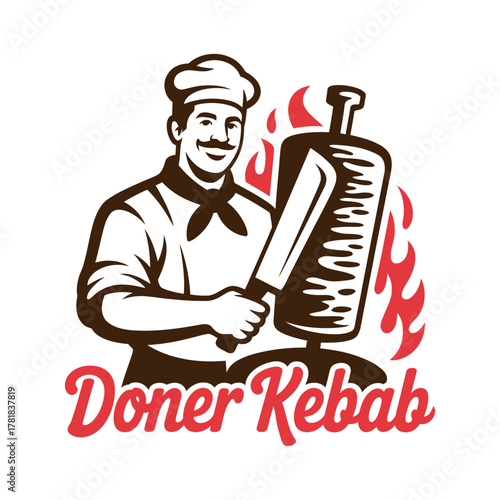 Chef cooking doner kebab vintage logo with happy cook and knife for restaurant and fast food concept around world 120 characters