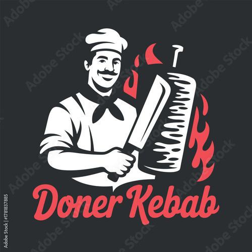 Chef cooking doner kebab vintage logo with happy cook and knife for restaurant and fast food concept around world 120 characters