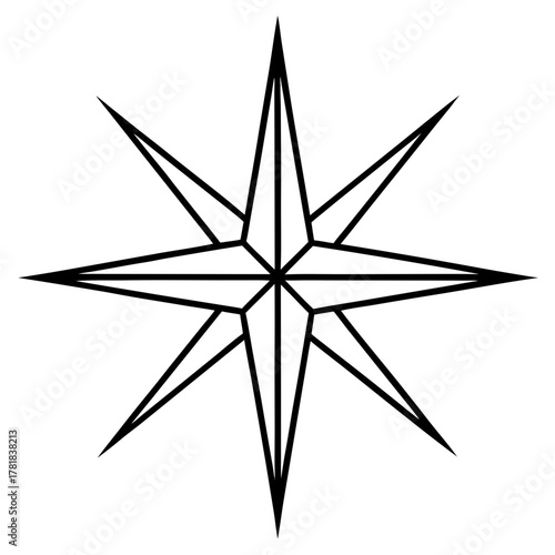 Geometric eight-point star compass rose outline symbol for design