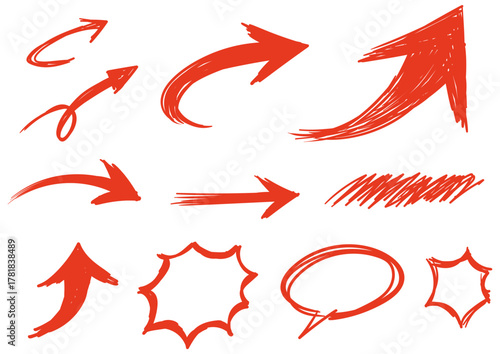 ラフに描かれた赤の矢印と吹き出しセット