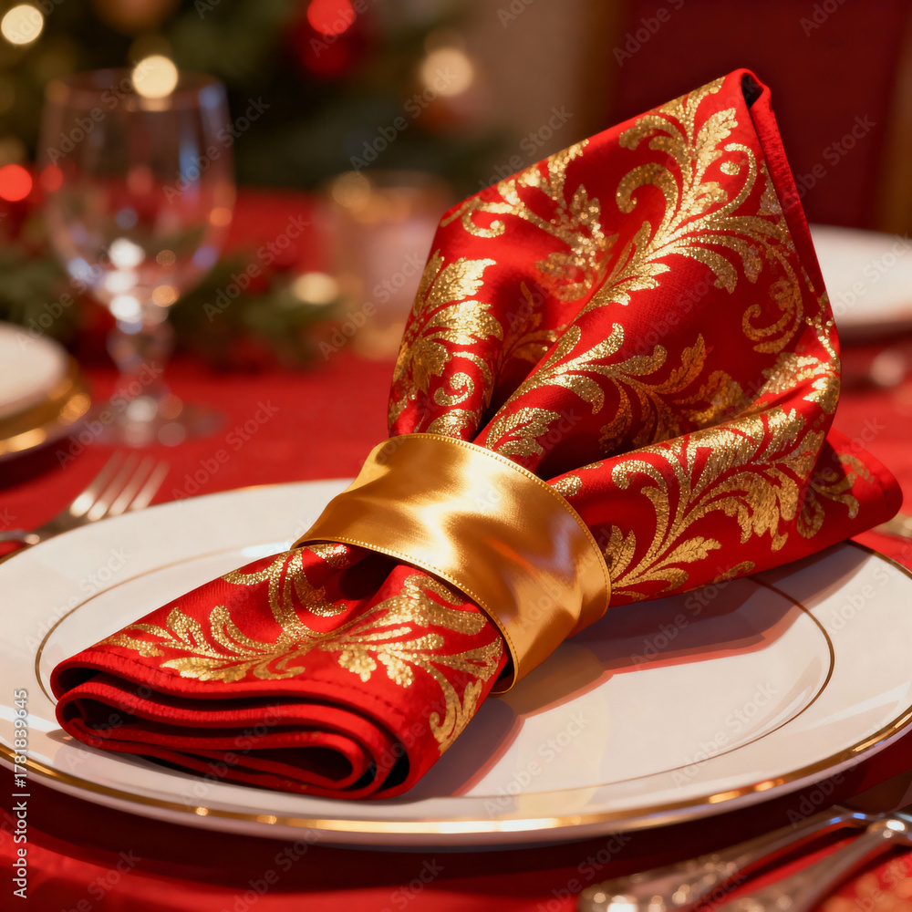 Fototapeta premium Elegant red and gold decorative napkin tied with satin ribbon on plate 
