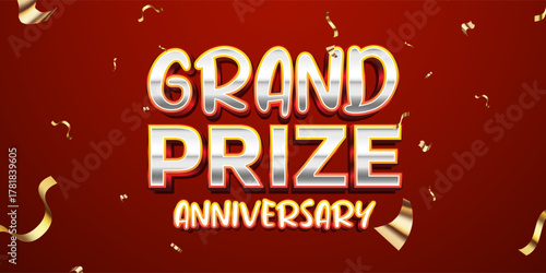 Grand Prize anniversary gold and silver text effect with red background and confetti