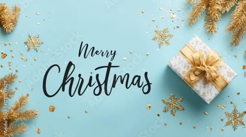 Festive Christmas background with gift box and decorations.