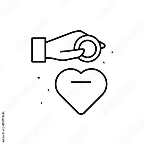 A hand holding a coin over a heartshaped donation box with stars