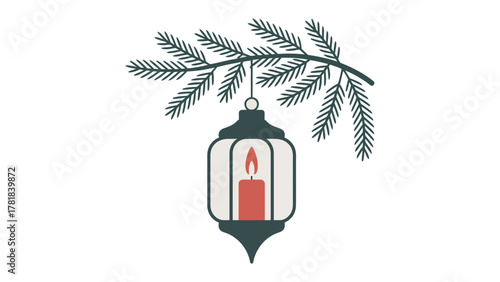 Festive Lantern and Pine: A festive lantern adorned with a flickering candle, suspended delicately from a verdant pine branch, epitomizing the warmth of holiday season.