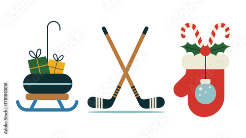 Festive Holiday Collection: A charming arrangement of holiday icons, featuring a sleigh filled with gifts, crossed hockey sticks, and a decorated mitten, perfect for seasonal designs.