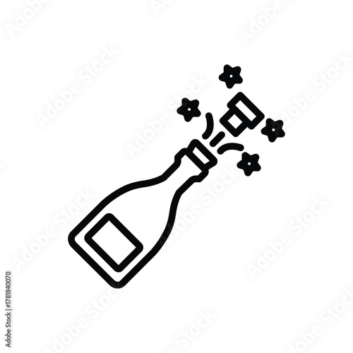A line drawing of a champagne bottle tilted with its cork popping surrounded by star shapes