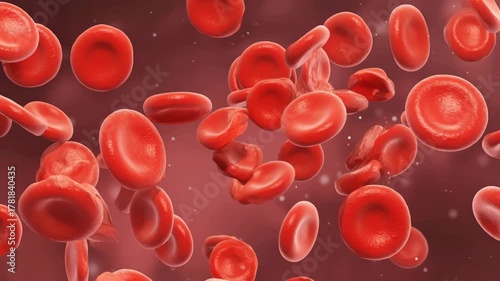 Microscopic red blood cells circulating within a deep red plasma background with floating Ai HD video.	

