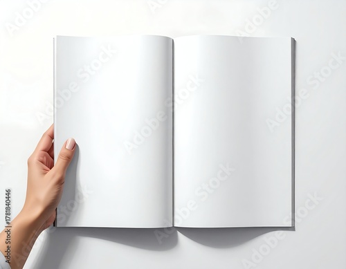 Hand holding open blank book, ready for writing, sketching, drawing, or note-taking on clean white pages in a minimalist setting.