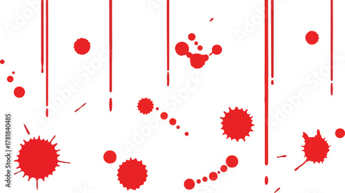 Red blood droplets and splatters scattered on a white background