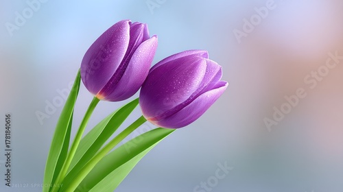 Two Purple Tulips With Water Droplets And Green Stems In Soft Pink Background With Bokeh Effect