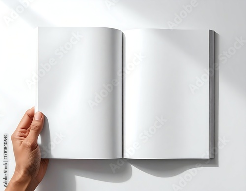 Hand holding open blank book, ready for sketching, writing, or designing. Minimalist background and clean white pages invite creativity and ideas.