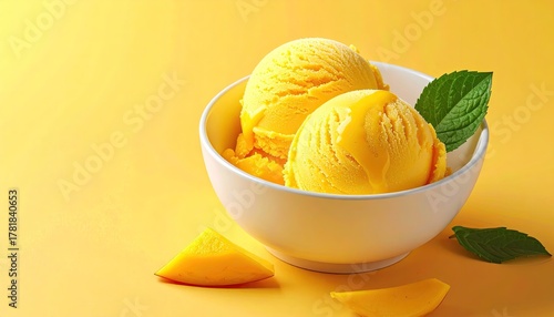 Two scoops of bright yellow mango ice cream in a white bowl garnished with fresh mint leaves and mango slices on a solid yellow background with soft lighting