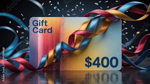 Gift card with $400 value surrounded by colorful ribbons and confetti  
