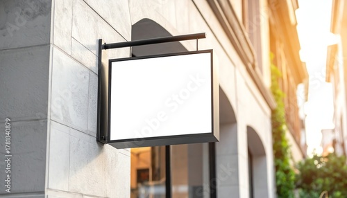 Blank rectangular shop sign hanging outside modern building, ready for custom branding, business advertising, or logo placement in urban commercial district.