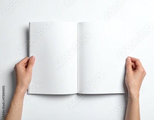 Hands holding open blank book, ready for writing, sketching, or creative projects on clean white pages with minimalistic background.