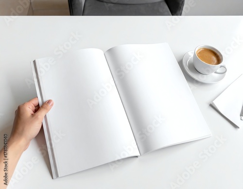 Blank magazine open on table beside cup of coffee, napkin, and spoon, ready for design mockup or editorial content presentation.